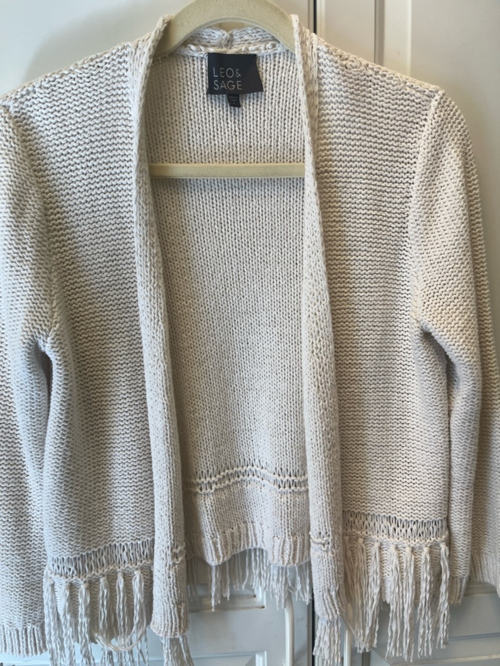 White  Open-Front Fringe Knit Sweater L